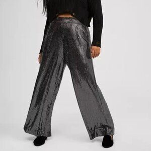 Torrid Wide Leg Sequin High Waisted Pant Pull On Silver Black Plus Size 1X EUC